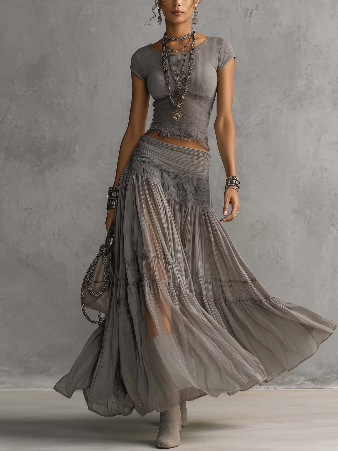 Luisa - Conjunto Top em Renda e Saia Maxi Plissada para Mulher