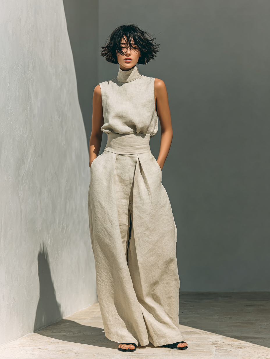 Aida - Conjunto de Blusa Sem Mangas e Calças de Perna Larga em Algodão e Linho Minimalista para Mulher