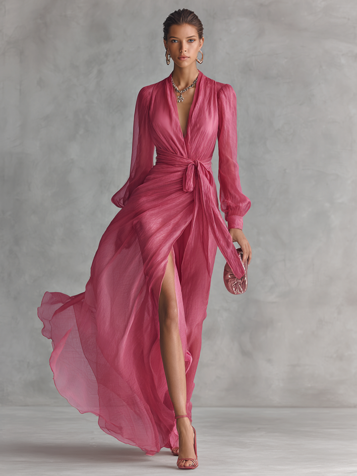Cindy - Vestido de Chiffon Rosa com Decote em V para Mulher