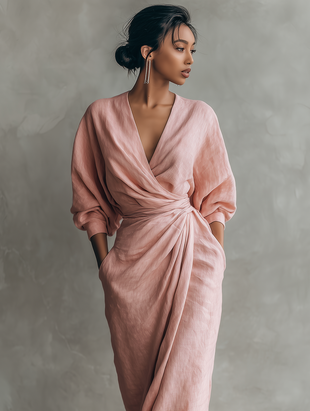 Rosa - Vestido Maxi Minimalista com decote em V em mistura de Linho para Mulher