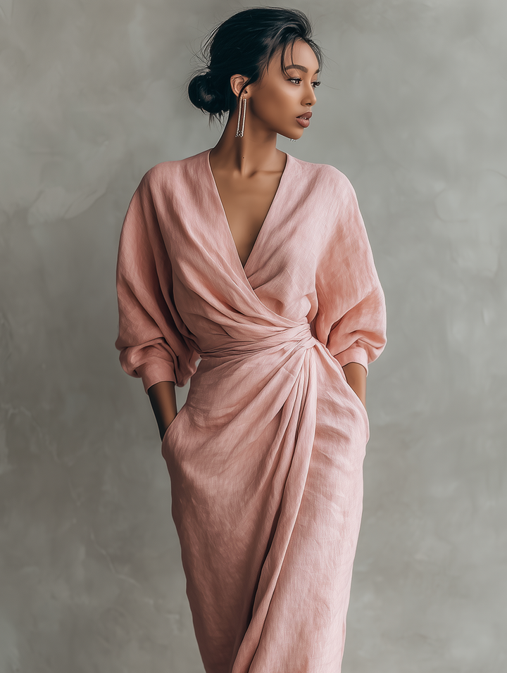 Rosa - Vestido Maxi Minimalista com decote em V em mistura de Linho para Mulher