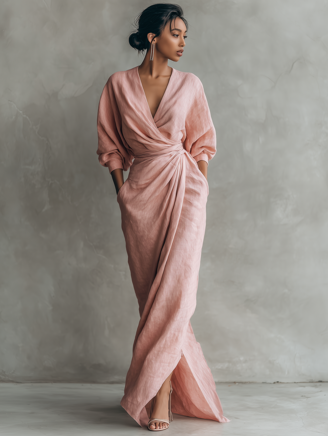 Rosa - Vestido Maxi Minimalista com decote em V em mistura de Linho para Mulher