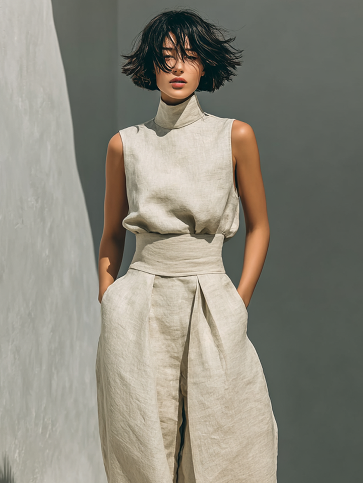 Aida - Conjunto de Blusa Sem Mangas e Calças de Perna Larga em Algodão e Linho Minimalista para Mulher