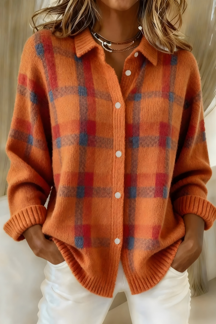 Anna| Cardigã feminino de malha macia xadrez