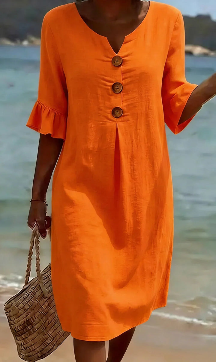 Vanesa | Vestido com textura de linho com manga bufante e botões para Mulher