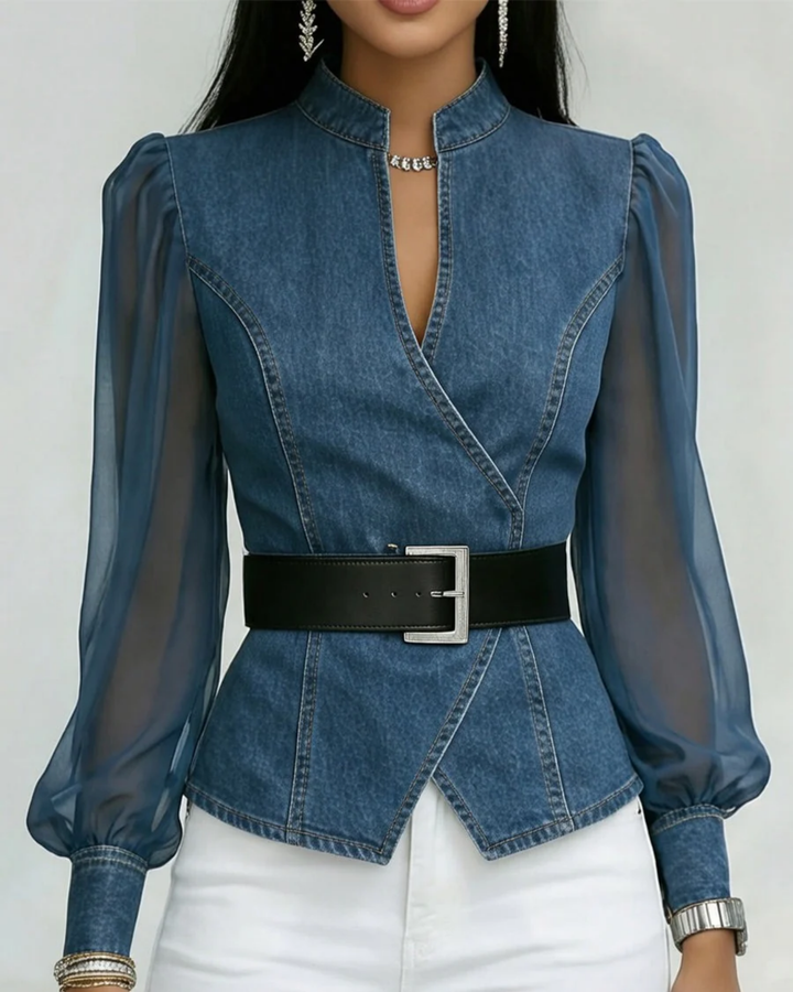 Alessia | Top em denim com mangas em chiffon leve para Mulher