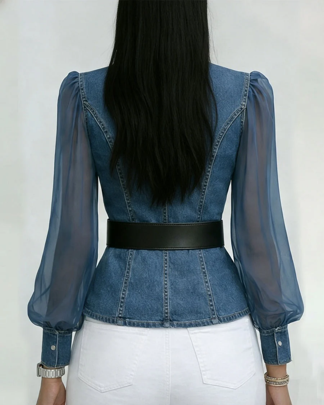 Alessia | Top em denim com mangas em chiffon leve para Mulher