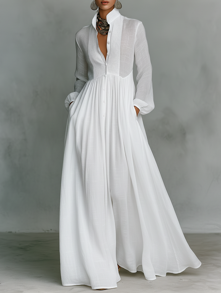 Elisa - Maxi Minimalista em Algodão e Linho com Patchwork, Gola Alta e Mangas Longas
