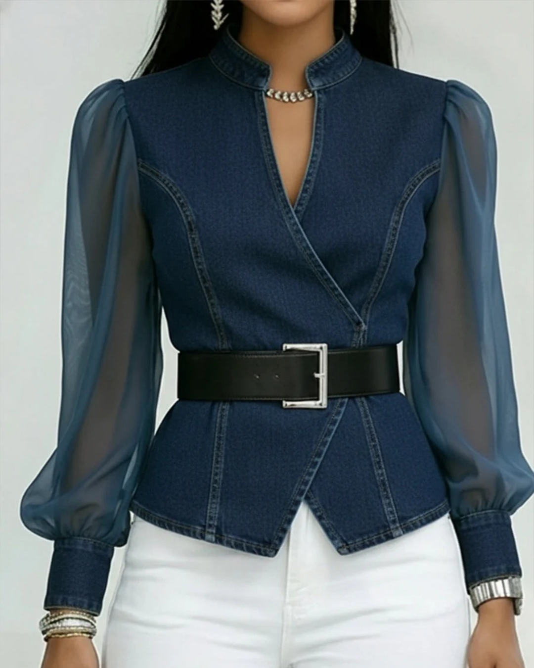 Alessia | Top em denim com mangas em chiffon leve para Mulher