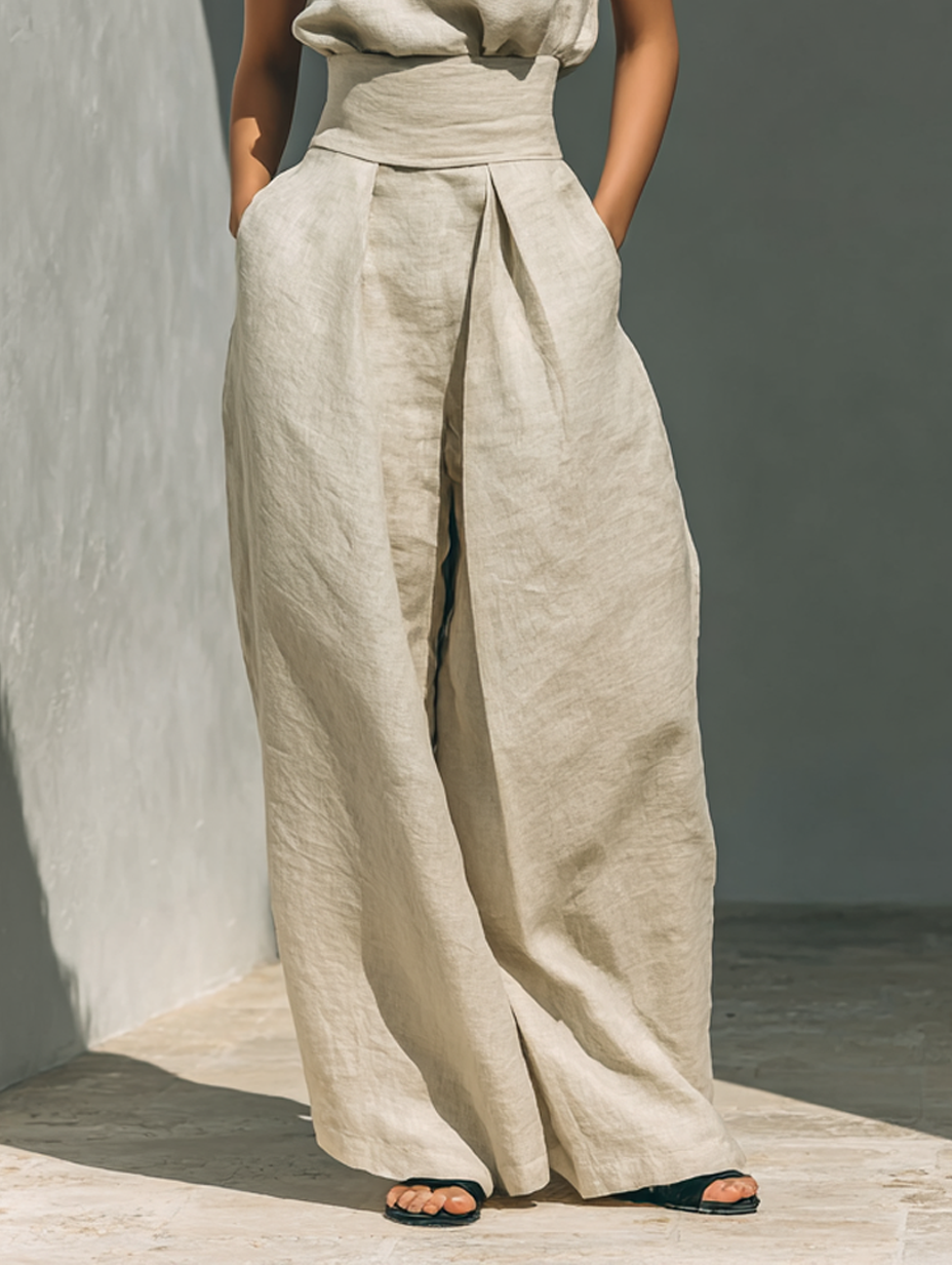 Aida - Conjunto de Blusa Sem Mangas e Calças de Perna Larga em Algodão e Linho Minimalista para Mulher