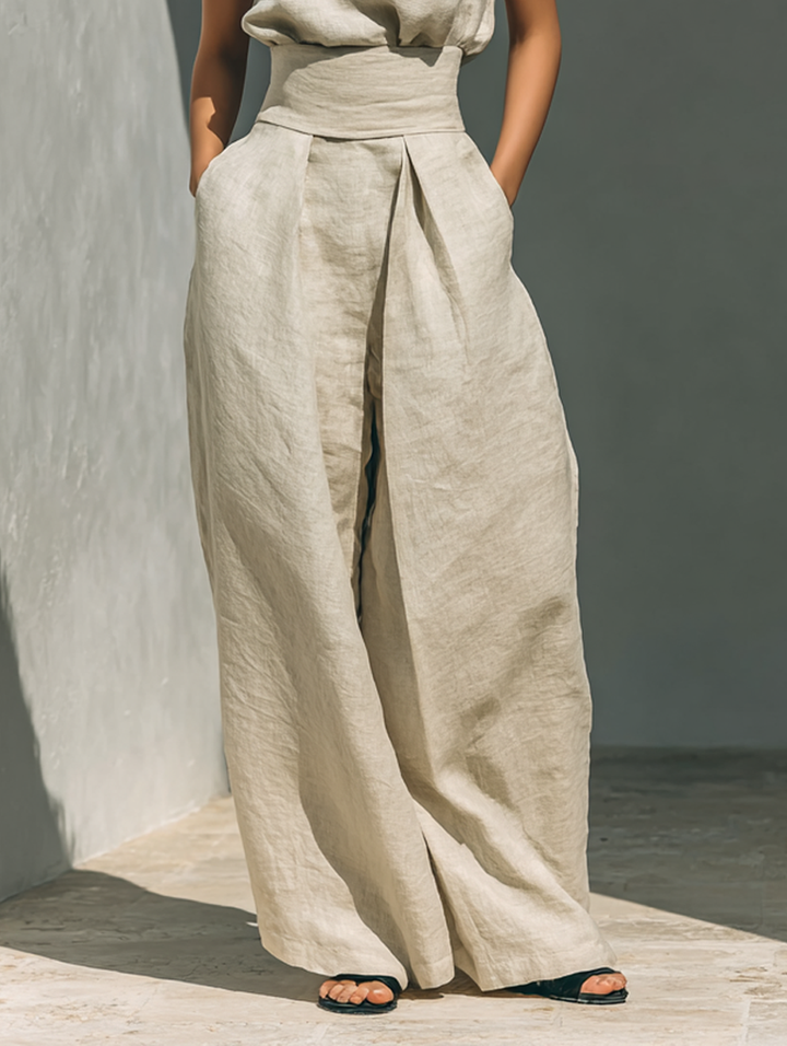 Aida - Conjunto de Blusa Sem Mangas e Calças de Perna Larga em Algodão e Linho Minimalista para Mulher