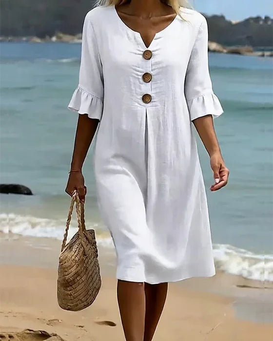 Vanesa | Vestido com textura de linho com manga bufante e botões para Mulher