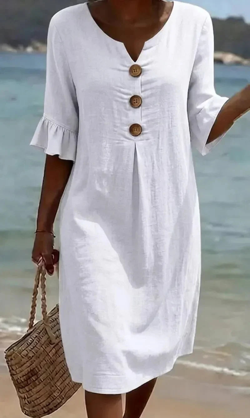 Vanesa | Vestido com textura de linho com manga bufante e botões para Mulher