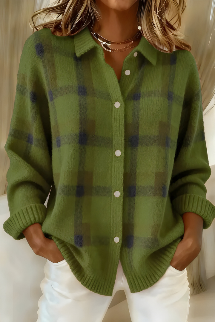 Anna| Cardigã feminino de malha macia xadrez