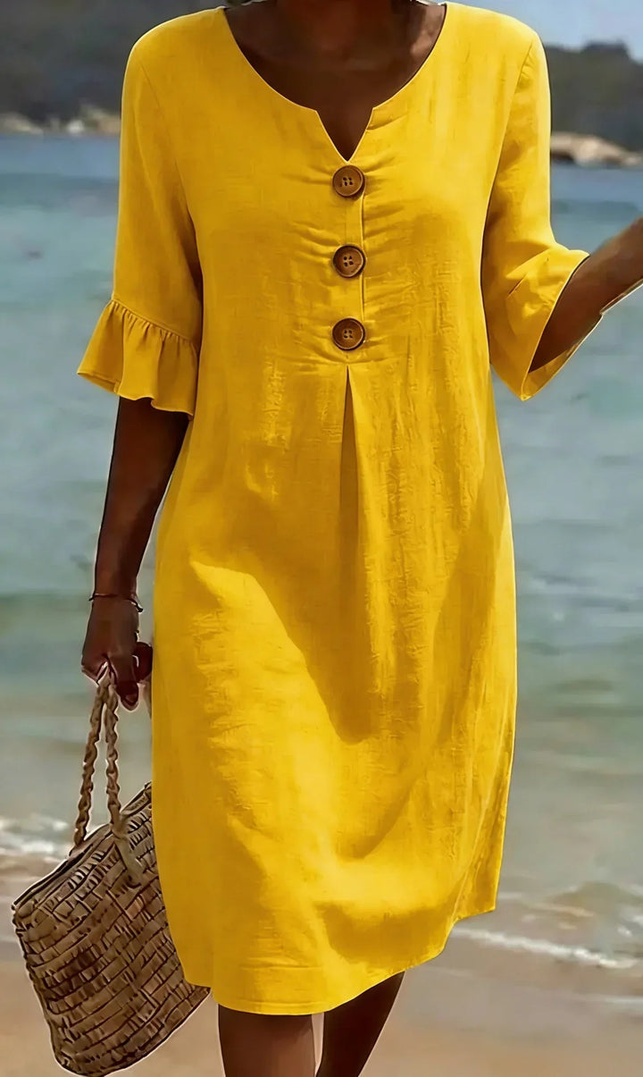 Vanesa | Vestido com textura de linho com manga bufante e botões para Mulher