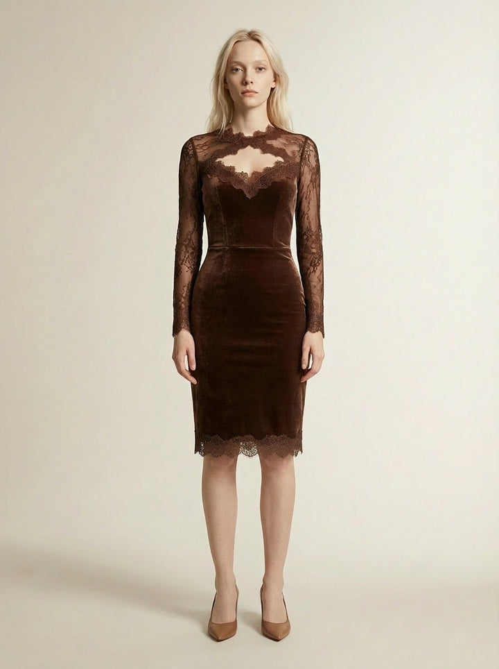SOFIE | Robe Mini Velours Castanho com Renda Elegante