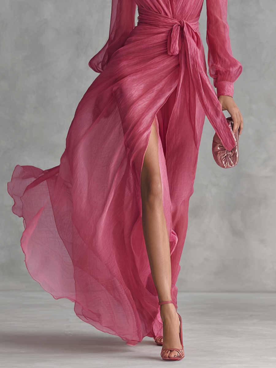 Cindy - Vestido de Chiffon Rosa com Decote em V para Mulher