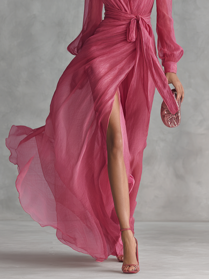 Cindy - Vestido de Chiffon Rosa com Decote em V para Mulher