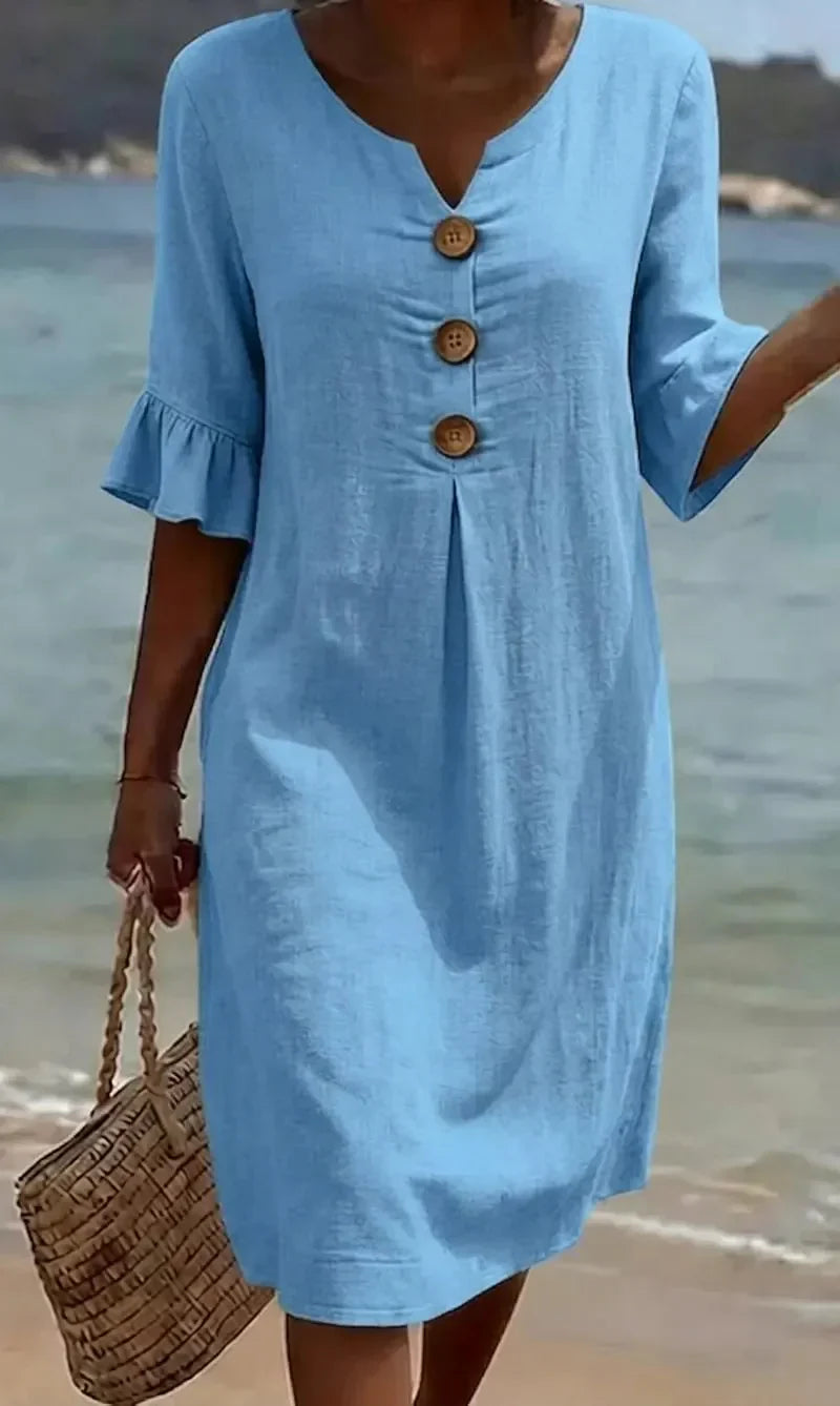 Vanesa | Vestido com textura de linho com manga bufante e botões para Mulher