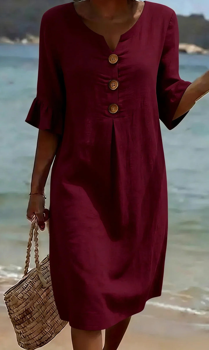 Vanesa | Vestido com textura de linho com manga bufante e botões para Mulher