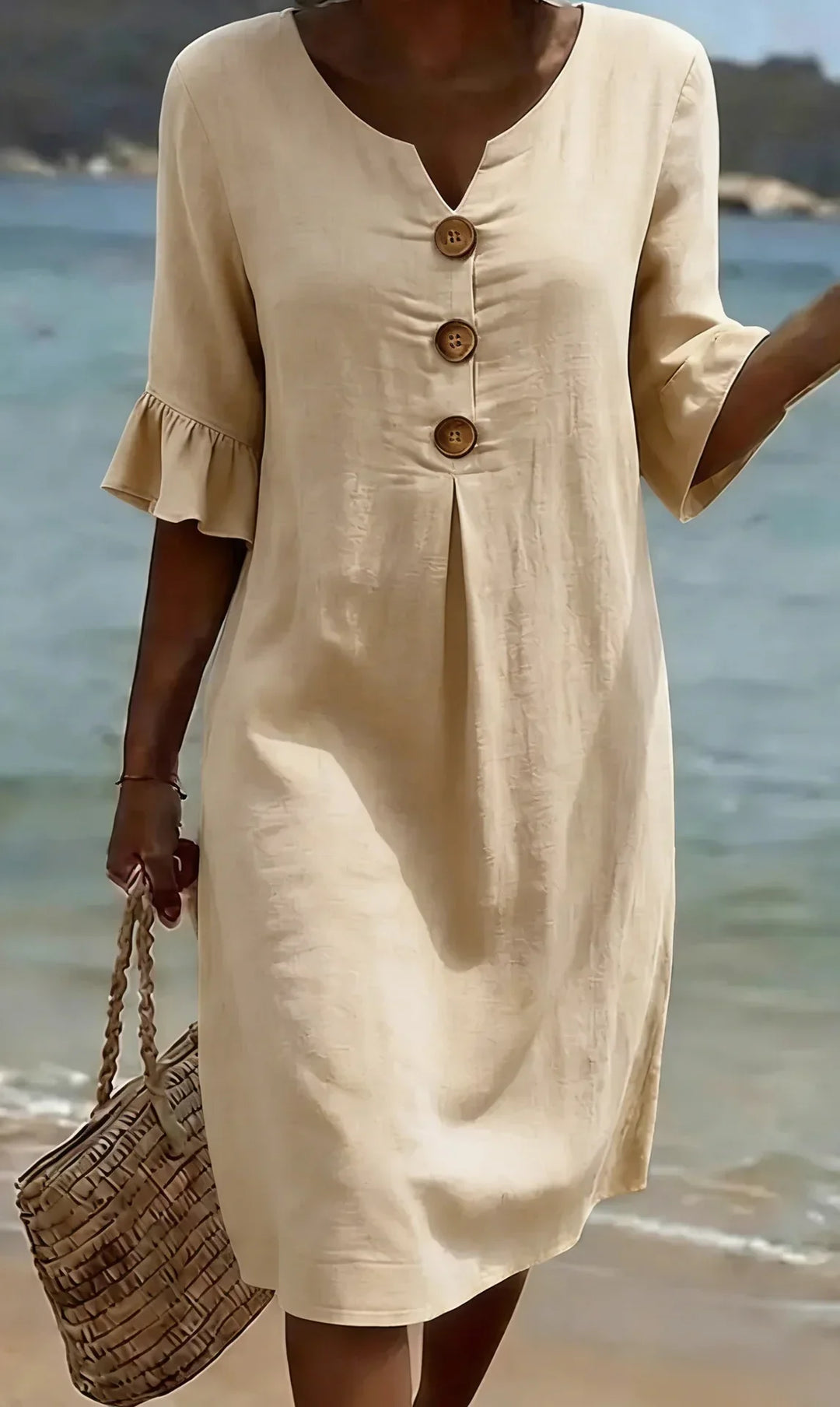 Vanesa | Vestido com textura de linho com manga bufante e botões para Mulher