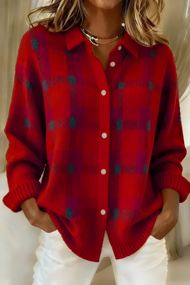 Anna| Cardigã feminino de malha macia xadrez