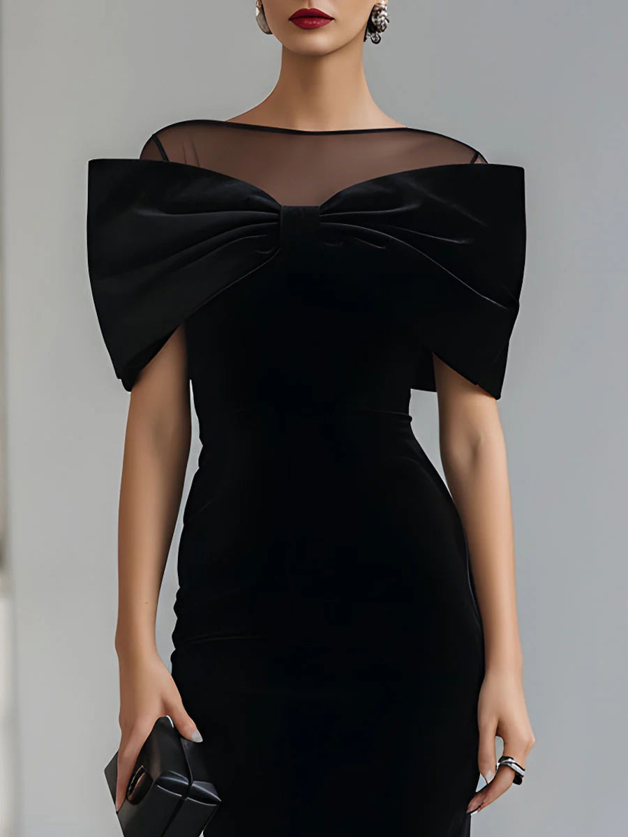Regina ❘ Vestido Midi em Veludo Preto Dramático com Laço