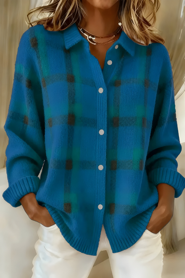 Anna| Cardigã feminino de malha macia xadrez