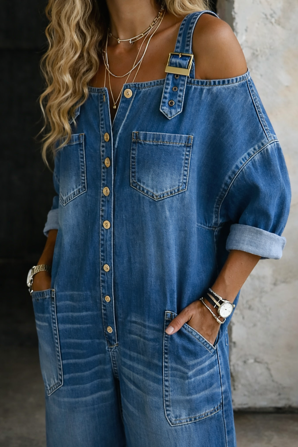 Sophia | Tuta em Denim com Ombros Descobertos para Mulher