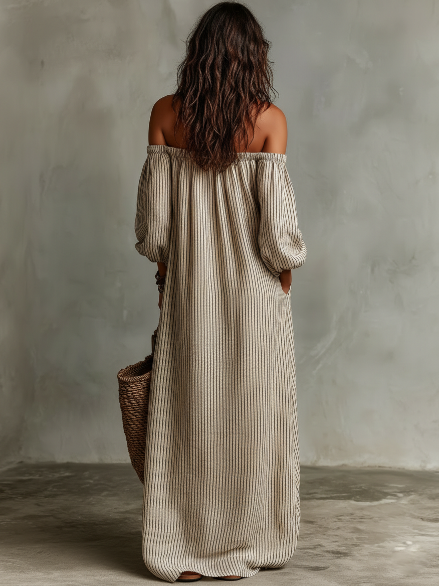 Carmen | Vestido longo de algodão e linho com ombros descobertos para Mulher