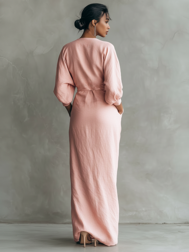Rosa - Vestido Maxi Minimalista com decote em V em mistura de Linho para Mulher