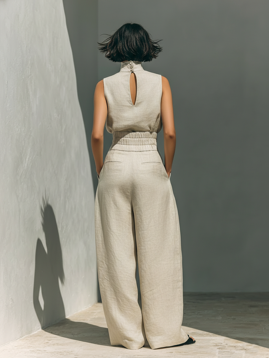 Aida - Conjunto de Blusa Sem Mangas e Calças de Perna Larga em Algodão e Linho Minimalista para Mulher