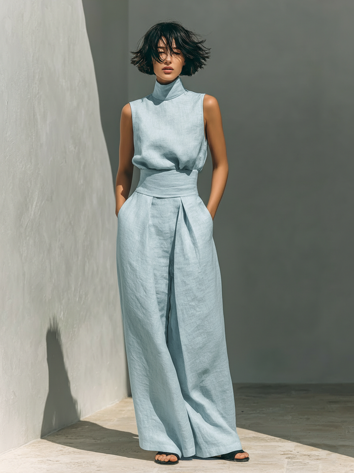 Aida - Conjunto de Blusa Sem Mangas e Calças de Perna Larga em Algodão e Linho Minimalista para Mulher