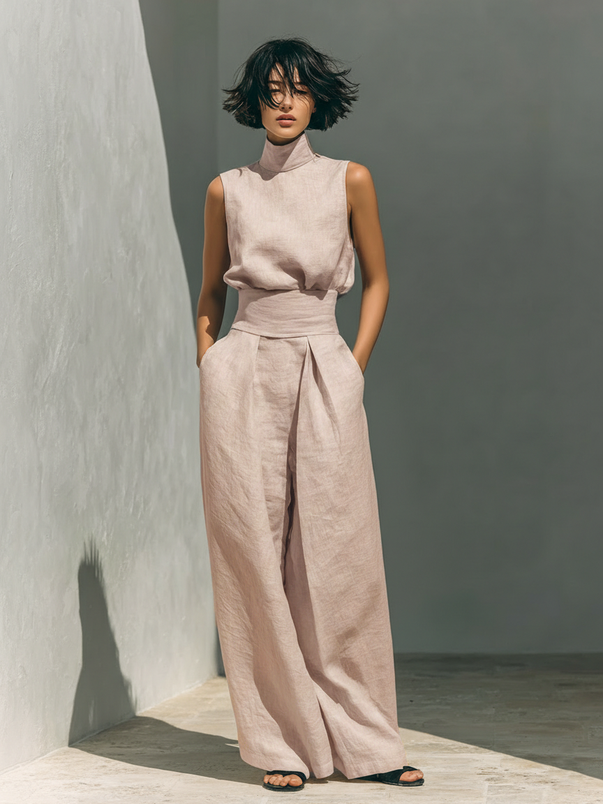 Aida - Conjunto de Blusa Sem Mangas e Calças de Perna Larga em Algodão e Linho Minimalista para Mulher
