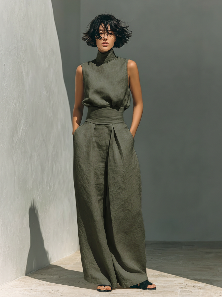 Aida - Conjunto de Blusa Sem Mangas e Calças de Perna Larga em Algodão e Linho Minimalista para Mulher
