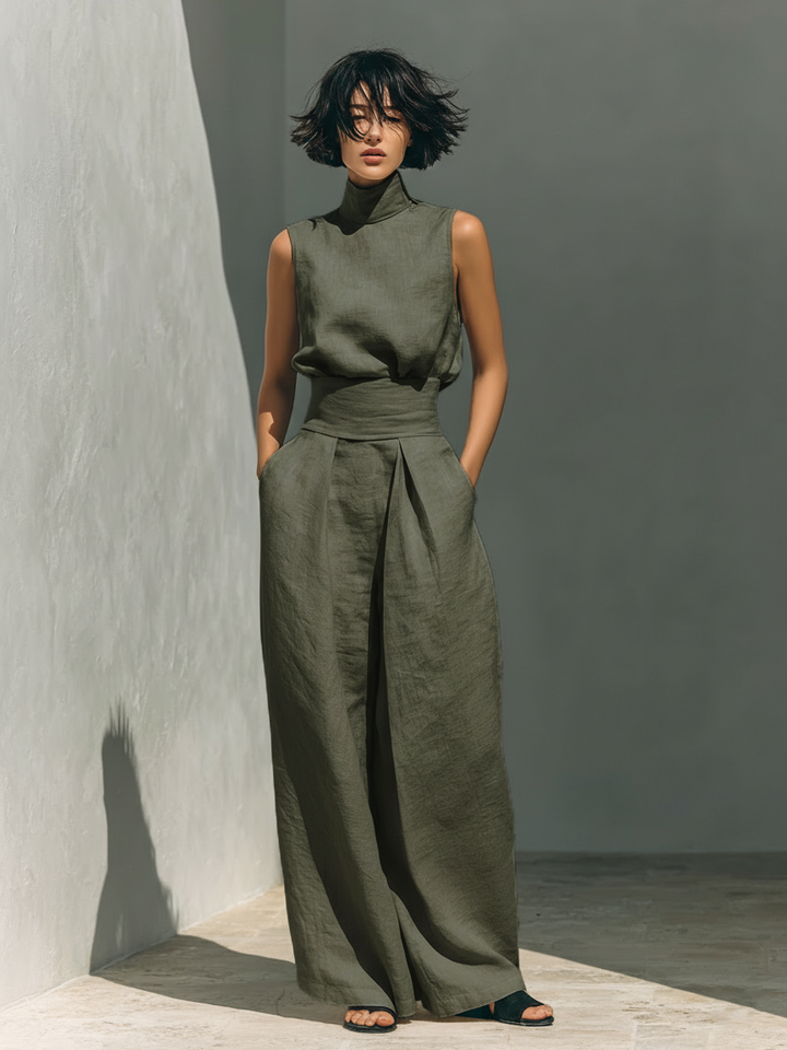 Aida - Conjunto de Blusa Sem Mangas e Calças de Perna Larga em Algodão e Linho Minimalista para Mulher