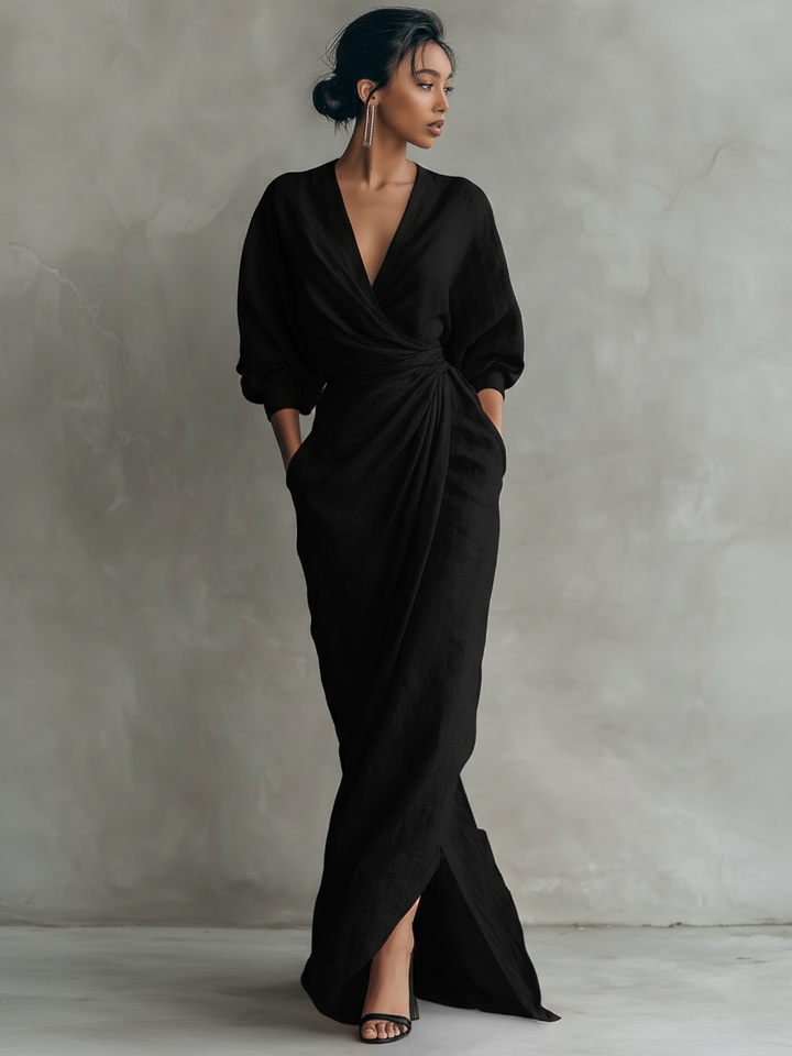 Rosa - Vestido Maxi Minimalista com decote em V em mistura de Linho para Mulher