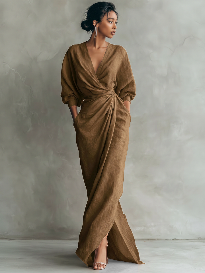 Rosa - Vestido Maxi Minimalista com decote em V em mistura de Linho para Mulher