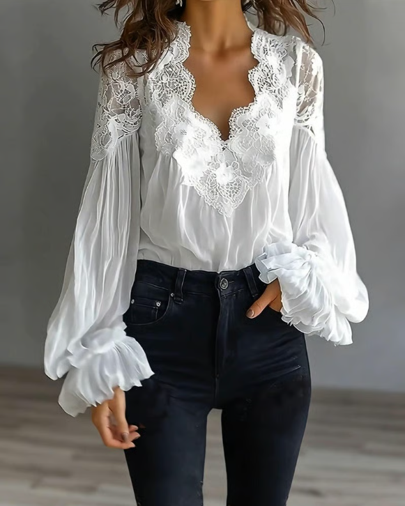 Laceva | Blusa com renda floral e mangas de lanterna para Mulher