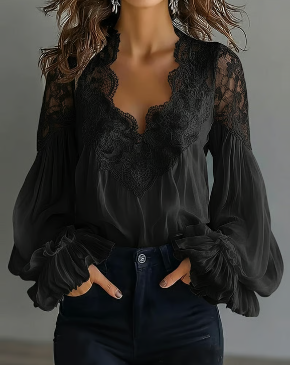 Laceva | Blusa com renda floral e mangas de lanterna para Mulher