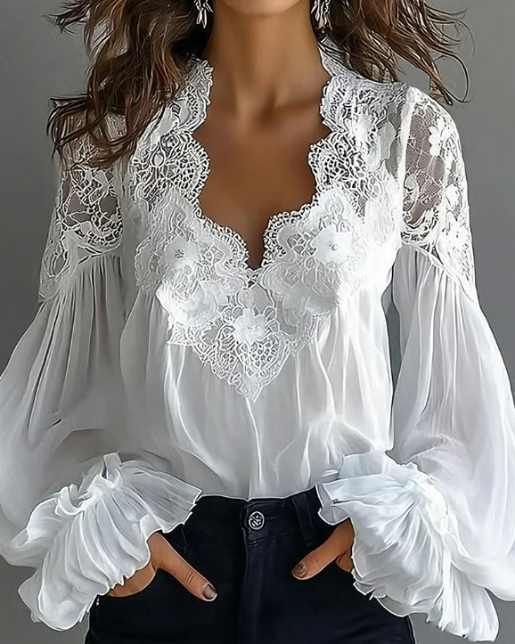 Laceva | Blusa com renda floral e mangas de lanterna para Mulher