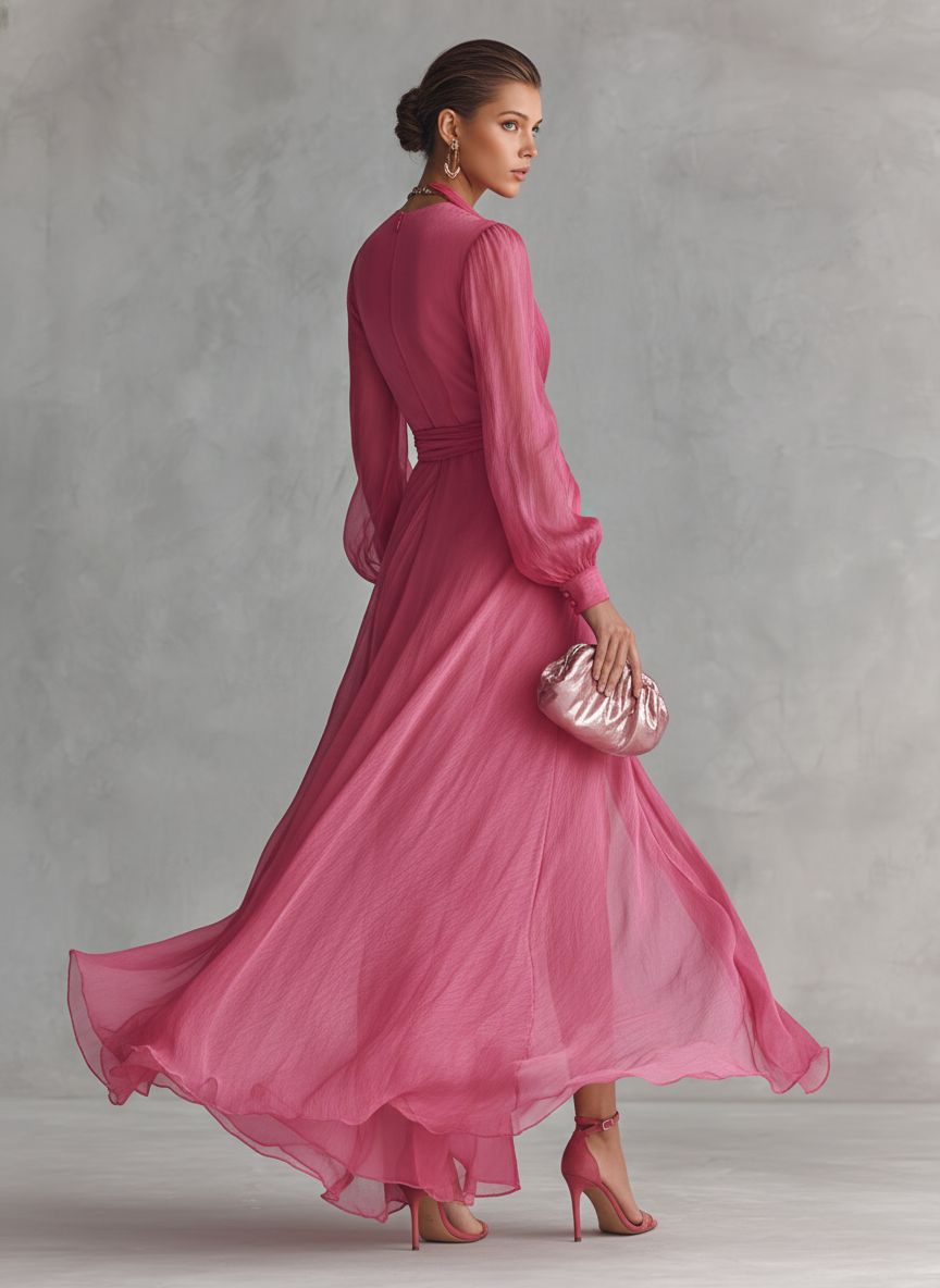 Cindy - Vestido de Chiffon Rosa com Decote em V para Mulher