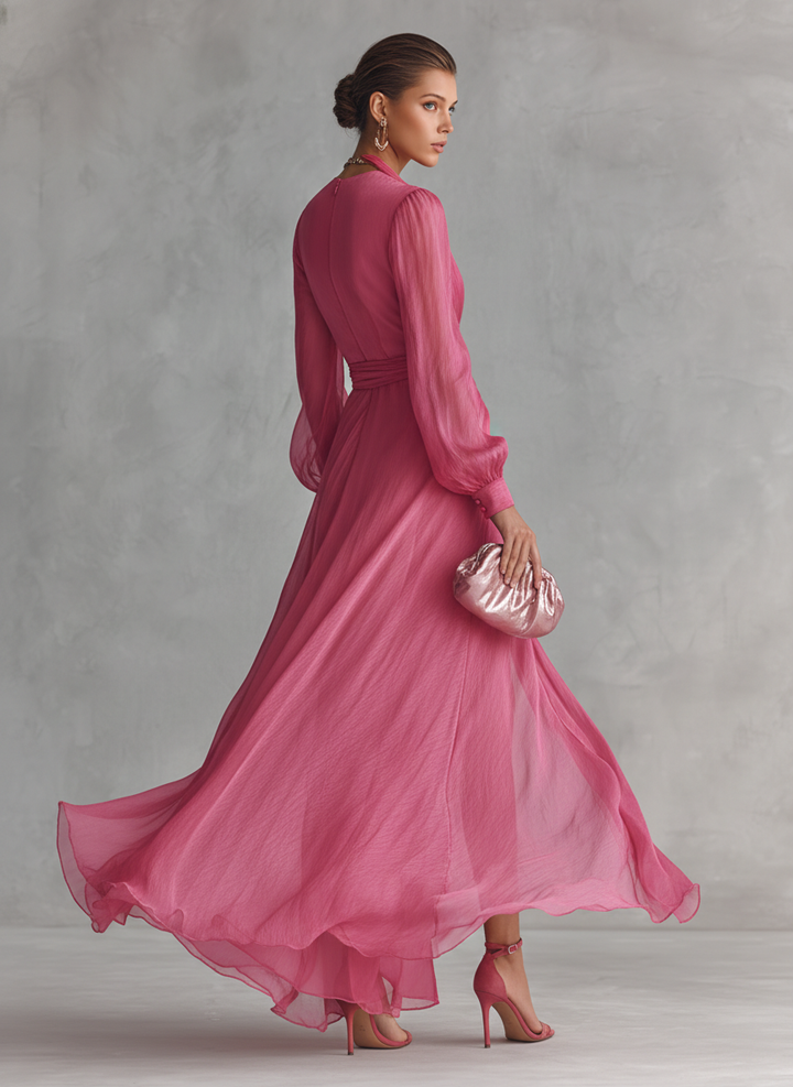 Cindy - Vestido de Chiffon Rosa com Decote em V para Mulher
