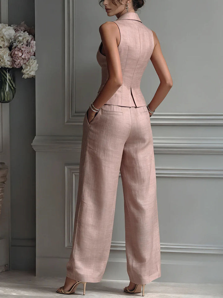 Lorie - Conjunto de duas peças para mulher com decote em V e botões