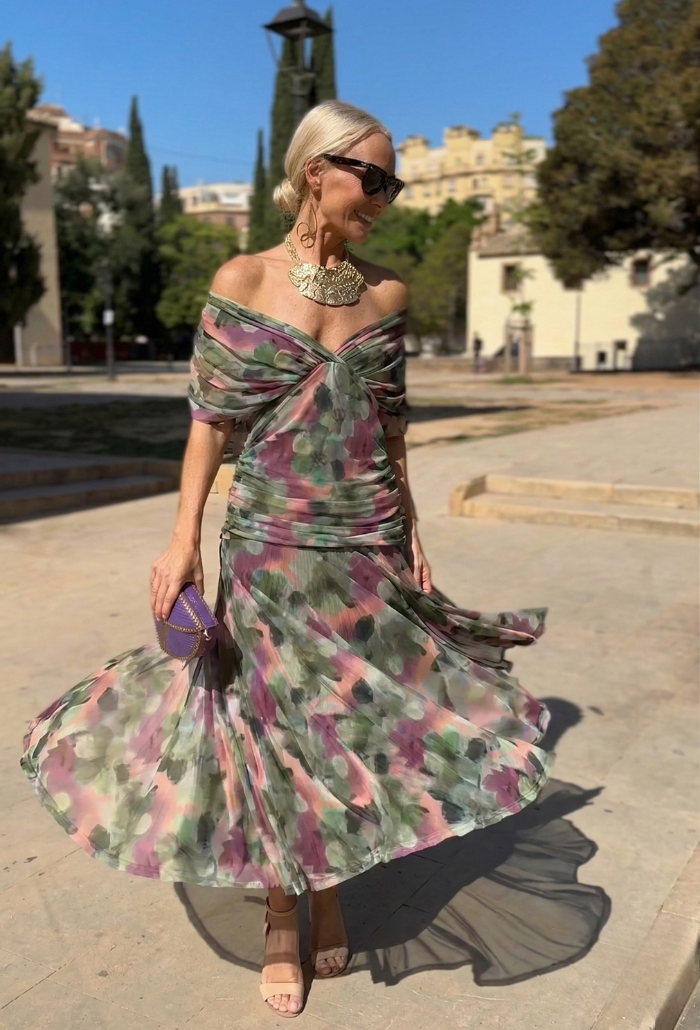 Alondra - Vestido longo de Mulher com estampa floral e decote em V