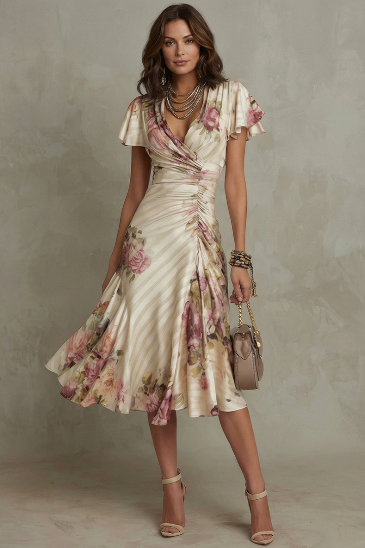 Rosavienne | Vestido midi Romantismo vintage em cetim para Mulher