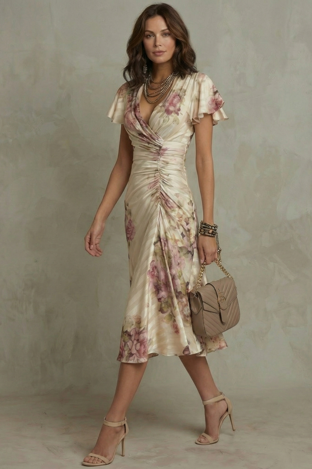 Rosavienne | Vestido midi Romantismo vintage em cetim para Mulher