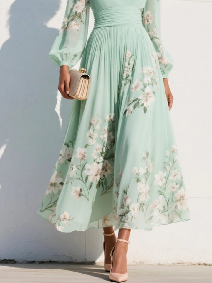 Menta - Vestido Maxi Plissê em Chiffon Verde Menta com Estampa Floral para Mulher