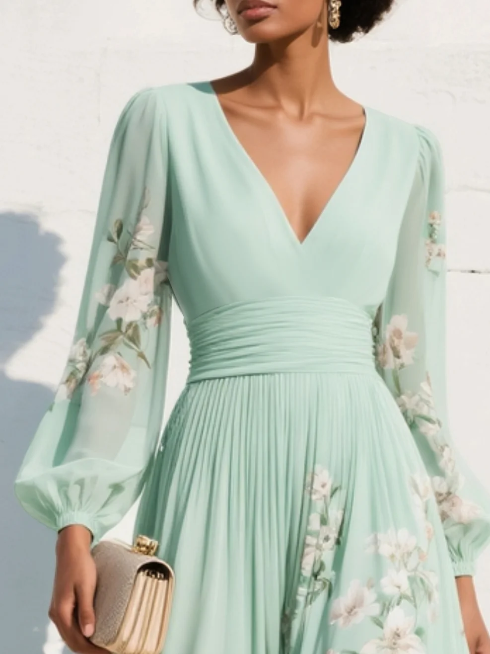 Menta - Vestido Maxi Plissê em Chiffon Verde Menta com Estampa Floral para Mulher