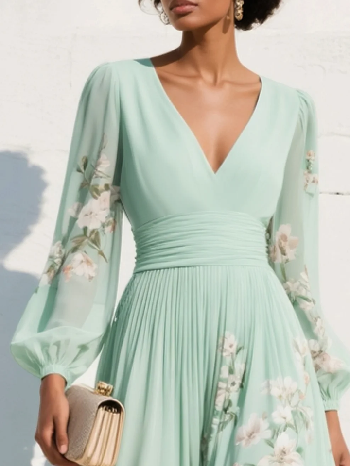 Menta - Vestido Maxi Plissê em Chiffon Verde Menta com Estampa Floral para Mulher